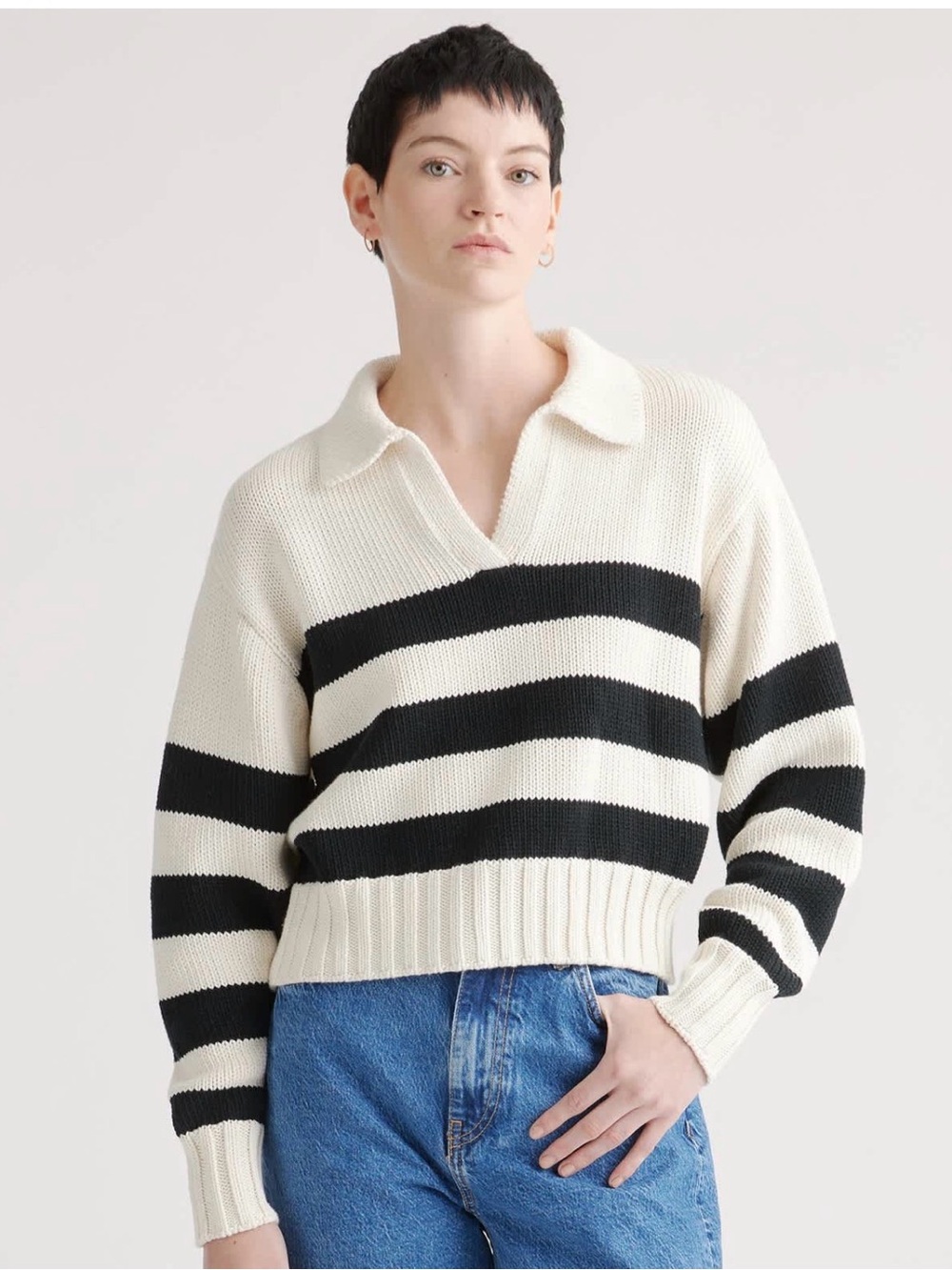 Quince Black & Cream Striped V‑Neck Collared Sweater